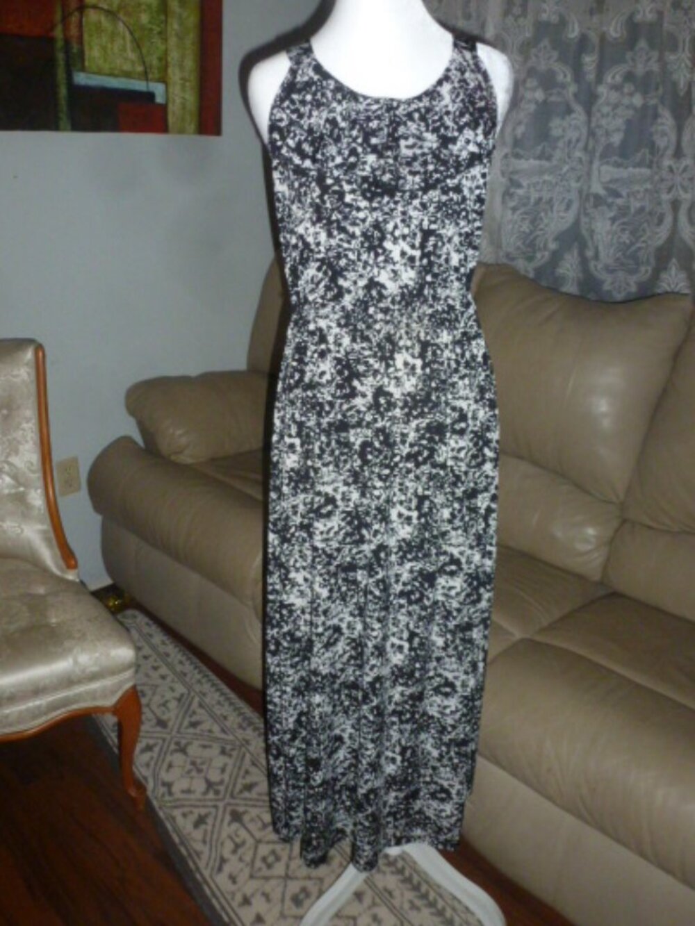 Susie Lawrence Black & White Print Maxi Dress | Small | Ruffle Neck | Stretch